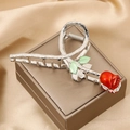 Pinza per capelli a rosa in metallo argento con smalto rosso e foglie verdi fini - Rosa Rossa Argento-TZA13-29