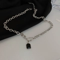 Silver thick chain body necklace featuring a rectangular black gemstone pendant - Silver Titanium Steel Square Black Pendant Necklace