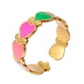 18k gold plated open ring with colorful heart-shaped enamel in green and pink finish - Adjustable Open / Green Pink Hearts Combo