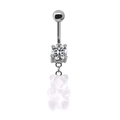 Silver bear belly ring with clear round cubic zirconia and transparent bear pendant - White