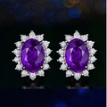 Elegant purple oval gemstone earrings with white diamond halo in silver setting - Purple Diamond Earrings Tz-18