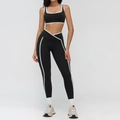 Women's black yoga set with white contrast trim and V-shaped crossover high waist legging - S / Square Neck Bra & Leggings Set / Premium Black