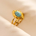 Detailed view of adjustable gold ring with turquoise stone and hammered texture - Gold-Light Blue