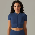 Seamless midnight blue yoga set with ribbed crop top and high waist leggings - S / Tops / Dark Blue