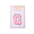 Pink chenille letter Q patch with gold glitter borders and self-adhesive backing for DIY decor - Letter Q