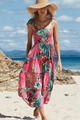 Détail de robe longue fleurie rose avec bustier froncé et bretelles nouées - S / Robes / Rouge Fleuri