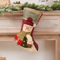Linen Christmas stocking featuring a snowman and Merry Christmas embroidery on fireplace - Retro Snowman Stocking