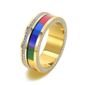 Rainbow enamel stainless steel ring with micro-pave crystals in gold finish - US 9 / Gold