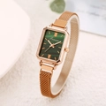 Elegant gold mesh strap watch with a square forest green dial and Roman numerals - Green