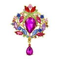 Vintage gold brooch with large fuchsia pear crystal and multicolor rhinestones - XD145-7-Gold Multi Gemstone Vintage