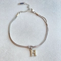 Silver stainless steel snake chain bracelet with an H letter pendant and adjustable clasp - Silver-H