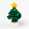 Handmade crochet Christmas tree with gold bow and star on white pot tabletop ornament - Christmas Tree Potted Plant (White Pot) - Dark Green