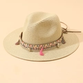Cappello Panama in paglia beige con conchiglie boho e nappe rosa estive - M (56-58cm) / Giallo Terra