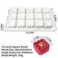 White 15-cavity square silicone mousse mold with product dimensions and sample cake - 15-Cavity Groove Square MCM-716