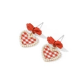 S925 silver stud earrings with red plaid heart, pearls and a sweet red bow - Red Plaid
