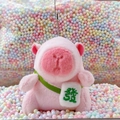 Pink Capybara plush keychain with green crossbody bag and white fortune embroidery - Pink Green Fortune + Bead Chain