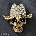 Antique gold skull brooch with cowboy hat and white rhinestones, size 4.5x4.5cm - Crystal Hat Skull