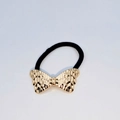 Elegant black elastic hair tie with a textured golden butterfly alloy ornament - Butterfly Hammered Texture (Hair Tie 74)