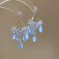 Long tassel drop earrings with crystals and blue teardrop stones in gold finish - Silver Earring Post - Gold Style / Blue