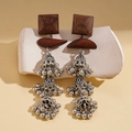 Pendientes bohemios de madera geométrica con borlas de campana plateadas vintage y tallas - Plateado