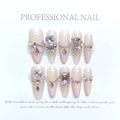 Handmade gradient pink press-on nails with 3D heart gems and pearl chains on white card - Extra Small (XS) / 1198 - Angel's Wedding Dress