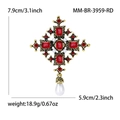 Baroque red gemstone cross brooch with pearl charms and gold finish details - Antique Gold-Red