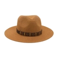 Chapeau fedora en paille beige avec ruban en cuir marron et rivets métalliques - Taille unique / Chapeau de Paille Kaki (Bande en Cuir Café)