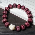 Handcrafted dark purple Bodhi root bracelet with carved charms and white flower beads - Cherry Red Carved Six Characters with Lion Motif