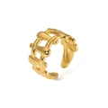 Close-up of golden hollow woven titanium steel ring with mirror polished adjustable band - Gold Lattice Open Ring