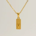 Polished gold square pendant necklace featuring an engraved letter V on a fine chain - Letter V