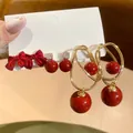 Elegant 12-piece earring set featuring red bow studs and gold pearl hoops - Red Bow/Beads (17# Silver Earring Post)
