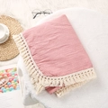 Detail of pink double-layer cotton muslin baby blanket with beige fringe tassels - Dusty Pink / 100*120 cm