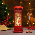 Detail einer beleuchteten roten Weihnachts-Telefonzellen-Laterne mit Schneemann - 10*10*26cm / Telefonzelle Schneemann