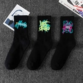 Three pairs of black cotton socks with colorful graffiti letters and ribbed cuffs - One Size / Black Printed Series (13-19-10)