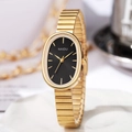 Elegant gold oval watch for women with black dial and stylish metal bracelet link band - Gold Band Gold Case Black Dial