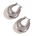 Silver vintage style stainless steel hoop earrings with hammered metal texture - Hollow Double Hammered Smooth Teardrop U-Earrings - Steel