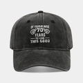 Detail of embroidered '70 YEARS TO LOOK THIS GOOD' on a black washed cotton baseball cap - 70 Years Old / Black
