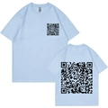 Light blue cotton T-shirt with black QR code print on front and back, casual Harajuku style - Light Blue