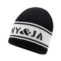 Knit beanie hat in black and white stripes with NY&JA letters and soft ribbed texture - Black With White Embroidery