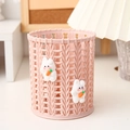 Pink cylinder pen holder with hollow weave texture and two cute 3D bunny figurines - Pink Rabbit