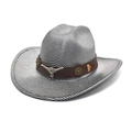 Detail of silver western cowboy hat with steer head emblem on brown leather band - Silver Gray / M(56-58cm)