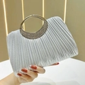 Silver pleated evening clutch bag with sparkling rhinestone handle for formal events - Silver