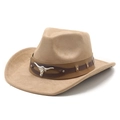 Classic Western faux suede cowboy hat in camel with bull head leather band decoration - Camel