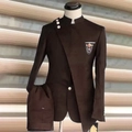 Men's dark brown plus size suit with mandarin collar, side placket, and gold chain detail - XXS / Coffee