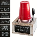 Distressed white wooden party cup holder with chalkboard and marker slot for storage - Single Cup with 3 Chalkboards - Brown