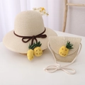 Ensemble chapeau de paille pour enfants et sac ananas avec ruban marron en beige - Chapeau Beige + Sac