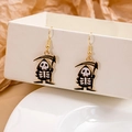 Gothic cartoon grim reaper earrings with black and white enamel finish on ear hooks - Scythe Skeleton