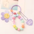 Macaron purple sunflower keychain with smile face, colorful beads and heart charm - Purple (Q995-4)