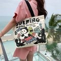 White canvas tote bag with surfing panda illustration and black contrast handles - Skateboarding Panda