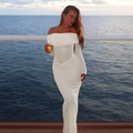 Elegant white off-shoulder crochet maxi dress with long sleeves for evening events - S / Apricot